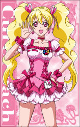 Rule 34 | 00s, 1girl, blonde hair, bow, brooch, character name, choker, corset, cure peach, earrings, fresh precure!, hair ornament, hairpin, hand on own hip, hanzou, hanzou4, heart, heart hair ornament, jewelry, long hair, magical girl, momozono love, pink background, pink bow, pink eyes, precure, ribbon, skirt, smile, solo, twintails, wrist cuffs