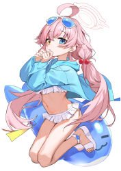 Rule 34 | 1girl, absurdres, ahoge, aqua jacket, beads, bikini, bikini under clothes, blue archive, blue jacket, blush, eyewear on head, feet, frilled bikini, frills, full body, hair beads, hair bobbles, hair ornament, halo, haruyuki (gffewuoutgblubh), heterochromia, highres, hood, hooded jacket, hoshino (blue archive), hoshino (swimsuit) (blue archive), inflatable orca, inflatable toy, jacket, legs, legs folded, long hair, long sleeves, looking at viewer, navel, official alternate costume, pink hair, platform footwear, sand, sandals, simple background, solo, stomach, swimsuit, tinted eyewear, toenails, toes, twintails, very long hair, white background, white bikini