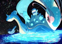 Rule 34 | ^ ^, absurdres, afloat, animal focus, black eyes, bright pupils, closed eyes, colored sclera, commentary, creatures (company), game freak, gen 1 pokemon, gen 3 pokemon, gen 4 pokemon, highres, horns, lapras, looking at viewer, mantyke, meteor shower, milotic, night, nintendo, no humans, open mouth, piplup, pokemon, pokemon (creature), red sclera, shell, single horn, star (sky), water, white pupils, zeroartwo