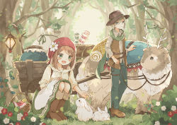 Rule 34 | 1boy, 1girl, :d, absurdres, animal, antlers, apron, basket, beast, blonde hair, blue eyes, boots, brown hair, bucket hat, cardigan, cart, commentary, fang, fantasy, flower, forest, grass, green eyes, hat, head scarf, highres, horns, huge filesize, jar, knee boots, lantern, light smile, long sleeves, nature, open mouth, original, outdoors, pants, plant, pullcart, rabbit, sack, scarf, scroll, skin fang, skirt, smile, squatting, standing, treasure chest, tree, tukimisou0225, vest, wagon