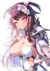 Rule 34 | 1girl, armor, backless dress, backless outfit, black hair, bow, braid, breasts, center opening, dress, earrings, flower, french braid, gem, hair bow, hair flower, hair ornament, hairband, highres, jewelry, large breasts, long hair, looking at viewer, multicolored hair, nijisanji, official alternate costume, red eyes, red hair, ribbon, shoulder armor, simple background, single bare shoulder, smile, solo, sparkle, spiked hairband, spikes, split-color hair, streaked hair, two-tone hair, two side up, upper body, velceed, virtual youtuber, white background, white bow, white dress, white flower, white hair, white ribbon, yorumi rena, yorumi rena (8th costume)
