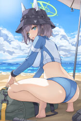 Rule 34 | 1girl, absurdres, ass, bag, beach, bikini, black hair, blue archive, blue bikini, blush, breasts, bucket hat, butt crack, cropped jacket, halo, hat, highres, jacket, large breasts, looking at viewer, multicolored clothes, ocean, official alternate costume, open mouth, purple hair, raglan sleeves, rash guard, saki (blue archive), saki (swimsuit) (blue archive), short hair, soar sora222, solo, squatting, swimsuit, tiptoes