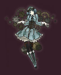 Rule 34 | 1girl, adapted costume, black ribbon, black thighhighs, blue dress, blue eyes, blue footwear, blue hair, boots, breasts, clockwork, corset, dress, gears, goggles, goggles on headwear, green hat, hair bobbles, hair ornament, hat, highres, kawashiro nitori, key, long sleeves, matching hair/eyes, medium breasts, pouch, purple background, ribbon, short hair, solo, thighhighs, to10ro, touhou, twintails, two side up