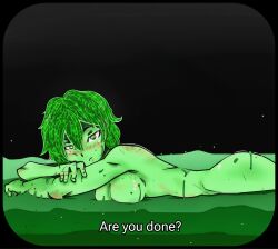 absurdres belly breasts floor green_eyes green_hair greyscale highres lying monochrome nature non-web_source nude original orts picture_frame short_shorts shorts slime_(substance) wetland