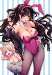 Rule 34 | 2girls, absurdres, animal ears, azato yoriko, bare shoulders, black hair, blush, bow, bowtie, breasts, cleavage, detached collar, fake animal ears, floating hair, hand on own hip, highres, jacket, large breasts, leotard, lipstick mark, long hair, looking at viewer, michiking, mole, mole under eye, multiple girls, non-web source, off shoulder, open mouth, original, pantyhose, pink hair, pink leotard, playboy bunny, purple legwear, rabbit ears, rabbit pose, scan, short hair, sidelocks, smile, squatting, standing, two side up, wavy hair, white legwear, white leotard, wrist cuffs