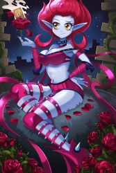 Rule 34 | 1girl, blue skin, bracer, breasts, card, choker, cleavage, collar, colored skin, evelynn (league of legends), evelynn (old), facial mark, flower, forehead mark, garter straps, hand on own hip, harness, knee pads, large breasts, league of legends, miniskirt, navel, neo-tk.., pointy ears, ribbon choker, rose, short hair, sitting, skirt, smile, solo, spiked collar, spikes, strap slip, yellow eyes