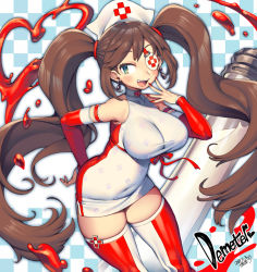 Rule 34 | 1girl, blood, blue eyes, blush, breasts, brown hair, character name, dated, demeter (destiny child), destiny child, dress, earrings, elbow gloves, eyepatch, fang, gloves, hat, heart, iroyopon, jewelry, large breasts, long hair, nail polish, nurse, nurse cap, open mouth, oversized object, red ribbon, ribbon, signature, sleeveless, sleeveless dress, solo, syringe, teeth, thighhighs, thighs, twintails