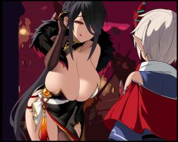 Rule 34 | 1boy, 1girl, :p, ara haan, bad id, bad twitter id, black hair, braid, breasts, cleavage, demon boy, devi (elsword), dress, elsword, grimgrim, hair over one eye, highres, huge breasts, naughty face, orange eyes, pointy ears, strapless, strapless dress, tongue, tongue out, you gonna get raped