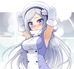 Rule 34 | 10s, 1girl, aila jyrkiainen, armpits, arms behind head, arms up, blue eyes, blush, breasts, character name, elbow gloves, gloves, gundam, gundam build fighters, haga yui, hat, long hair, looking at viewer, silver hair, solo