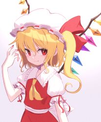 Rule 34 | 1girl, ascot, blonde hair, closed mouth, commentary, crystal, fang, fingernails, flandre scarlet, hair between eyes, hat, highres, long hair, mob cap, nail polish, puffy short sleeves, puffy sleeves, red eyes, red nails, red skirt, red vest, revision, shimizu tomoki, short sleeves, side ponytail, skirt, smile, solo, touhou, upper body, vest, white hat, wings, yellow ascot