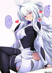Rule 34 | 1girl, ahoge, ass, ass cutout, black gloves, black pants, breasts, butt crack, closed mouth, clothing cutout, crossed legs, fate/grand order, fate/prototype, fate (series), fingerless gloves, gloves, heart, holding, large breasts, licking lips, long hair, long sleeves, looking at viewer, merlin (fate/prototype), merlin (fate/prototype) (second ascension), pants, purple eyes, robe, sitting, smile, speech bubble, thighs, tongue, tongue out, translation request, unadon, very long hair, white hair, white robe, wide sleeves