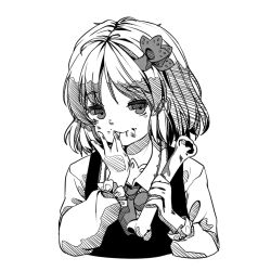 Rule 34 | 1girl, after meal, ascot, blood, blood from mouth, bone, closed mouth, collared shirt, cropped torso, eating, frilled sleeves, frills, greyscale, holding, holding bone, kourou (kouroukun), long sleeves, looking at viewer, medium hair, monochrome, rumia, shirt, simple background, solo, touhou, upper body, vest