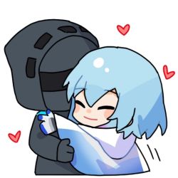 Rule 34 | 1boy, 1other, ^ ^, arknights, black jacket, blue cloak, blue hair, blush stickers, chibi, cloak, closed eyes, closed mouth, cropped torso, doctor (arknights), gloves, hair between eyes, heart, hood, hood down, hood up, hooded cloak, hooded jacket, hug, jacket, male focus, marchrin, mizuki (arknights), simple background, smile, upper body, white background, white gloves