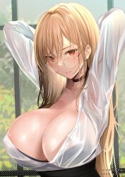 Rule 34 | 1girl, alcoholrang, arms behind head, arms up, azur lane, black bra, black choker, black skirt, blonde hair, blush, bra, bra peek, bra visible through clothes, breasts, choker, cleavage, collarbone, glasses, high-waist skirt, highres, huge breasts, implacable (azur lane), implacable (shepherd of the &quot;lost&quot;) (azur lane), long hair, long sleeves, looking at viewer, official alternate costume, orange eyes, see-through, shirt, skirt, smile, solo, underwear, wet, wet clothes, white shirt