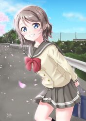 Rule 34 | 1girl, absurdres, blue eyes, bow, bowtie, brown hair, dvermayo, highres, looking at viewer, love live!, love live! sunshine!!, outdoors, short hair, smile, solo, uranohoshi school uniform, watanabe you