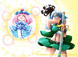 Rule 34 | 2girls, = =, adapted costume, belt, blue eyes, blush stickers, chibi, commentary request, english text, engrish text, fingerless gloves, gloves, hairband, hat, japanese clothes, kashuu (b-q), medium hair, midriff, miniskirt, multiple girls, open mouth, pink hair, ranguage, short hair, skirt, sparkle background, suspender skirt, suspenders, sword, touhou, triangular headpiece, weapon, white hair