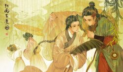 Rule 34 | 1boy, 1girl, 2others, absurdres, arms up, bird, black hair, braid, braided ponytail, character request, child, chinese clothes, cowboy shot, facing away, flock, green robe, hair bun, hair pulled back, half updo, hanfu, highres, holding, holding leaf, improvised umbrella, leaf, long hair, long sleeves, looking at another, looking away, mengxiaheqing, mizura, multicolored hair, multiple others, jiangnan baijingtu, outstretched arm, rain, red hair, robe, shared clothes, single braid, single hair bun, streaked hair, updo, very long hair, wide sleeves, willow, yellow robe