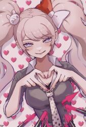 Rule 34 | 1girl, :d, animal print, bear print, blonde hair, blood, bow, breasts, buwei (ironypot), cosplay, danganronpa: trigger happy havoc, danganronpa (series), enoshima junko, enoshima junko (cosplay), finger heart, freckles, grey eyes, hair bow, hair ornament, heart, highres, ikusaba mukuro, impaled, large breasts, nail polish, necktie, open mouth, pink blood, polearm, rabbit hair ornament, red nails, short sleeves, smile, solo, spear, teeth, twintails, upper body, weapon, white background