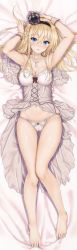 Rule 34 | 10s, 1girl, :o, absurdres, aldehyde, armpits, arms up, bare legs, barefoot, bed sheet, blonde hair, blue eyes, blush, bow, bow panties, braid, breasts, camisole, choker, cleavage, collarbone, colored eyelashes, crown, dakimakura (medium), feet, french braid, from above, full body, gluteal fold, hair between eyes, hair intakes, hairband, head tilt, highres, huge filesize, kantai collection, knees together feet apart, looking at viewer, looking up, lying, medium breasts, mini crown, navel, on back, open mouth, panties, red bow, solo, thigh gap, toes, tsurime, underwear, warspite (kancolle), white choker, white panties, wrist cuffs