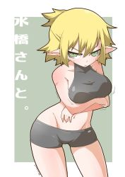 Rule 34 | 1girl, arms under breasts, bike shorts, black outline, black shorts, black sports bra, blonde hair, blush, breasts, closed mouth, commentary request, cowboy shot, frown, green background, green eyes, groin, half updo, looking at viewer, medium breasts, midriff, mizuhashi parsee, navel, outline, pointy ears, short hair, short ponytail, shorts, sideboob, solo, sports bra, touhou, two-tone background, v-shaped eyebrows, white background, zannen na hito