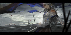 Rule 34 | 1girl, black skirt, copyright name, epaulettes, flag, grey hair, highres, holding, holding sword, holding weapon, katann, letterboxed, looking at viewer, outdoors, pixiv fantasia, pixiv fantasia age of starlight, planted, skirt, solo, standing, sword, weapon