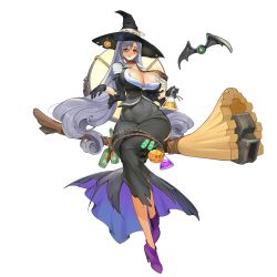 Rule 34 | 1girl, @ @, areola slip, bags under eyes, black gloves, black skirt, bottle, breasts, broom, broom riding, character name, circe (last origin), cleavage, covered erect nipples, full body, game cg, gloves, green eyes, grey hair, hair between eyes, halloween, hat, high heels, highres, huge breasts, last origin, long hair, long skirt, looking at viewer, name tag, official art, rorobomb, skirt, solo, tachi-e, thighs, transparent background, very long hair, witch, witch hat