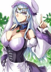 Rule 34 | 1girl, alternate costume, apron, blue hair, breasts, detached sleeves, dirndl, frilled apron, frills, fuyutsuki (kancolle), german clothes, highres, kantai collection, large breasts, light blue hair, long hair, long sleeves, purple eyes, smile, solo, tonke, underbust, upper body, waist apron, white apron, white veil