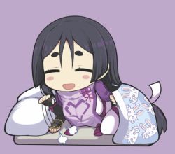 Rule 34 | 1girl, :d, ^ ^, armor, bed invitation, black hair, blush stickers, bodysuit, breasts, chibi, closed eyes, fate/grand order, fate (series), fingerless gloves, futon, gloves, japanese armor, kote, large breasts, long hair, minamoto no raikou (fate), open mouth, smile, solo, tetsubuta, under covers, very long hair