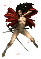 Rule 34 | 00s, 1girl, 2007, bad deviantart id, bad id, barefoot, black eyes, black hair, breasts, breasts apart, coat, dcwj, female pubic hair, full body, highres, katana, long hair, naked coat, navel, nipples, open clothes, open coat, original, petals, pubic hair, pussy, red coat, samurai, sheath, signature, simple background, small breasts, solo, sword, tattoo, uncensored, weapon, white background