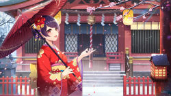 Rule 34 | 1girl, architecture, bell, branch, cherry blossoms, commentary request, east asian architecture, fence, floral print, flower, girl cafe gun, hair flower, hair ornament, highres, holding, holding umbrella, japanese clothes, kimono, l.bou, new year, obi, oil-paper umbrella, outdoors, purple hair, red eyes, red kimono, rope, sash, shide, shimenawa, shrine, shrine bell, smile, snow, solo, sparkle, stairs, umbrella, wide sleeves