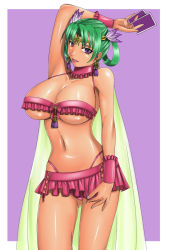 Rule 34 | 1girl, breasts, card, choker, cleavage, earrings, feathers, green hair, hair ornament, holding, holding card, huge breasts, jewelry, judge martin, navel, original, panties, purple eyes, solo, thong, underwear, wrist cuffs