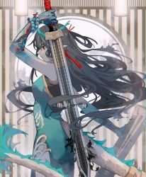 Rule 34 | 1girl, arknights, bead bracelet, beads, black hair, bracelet, china dress, chinese clothes, colored skin, cowboy shot, dragon girl, dragon horns, dragon tail, dress, dusk (arknights), dusk (everything is a miracle) (arknights), earrings, gradient skin, green horns, highres, holding, holding weapon, horns, jewelry, long hair, pointy ears, salmon tan, scabbard, sheath, sword, tail, tassel, tassel earrings, weapon