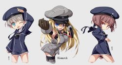 Rule 34 | 10s, 3girls, aqua eyes, bad id, bad pixiv id, bismarck (kancolle), blue eyes, brown eyes, brown hair, character name, chibi, clothes writing, dress, grey background, hat, hat tip, kantai collection, long hair, long sleeves, looking back, md5 mismatch, military, military hat, military uniform, multiple girls, one eye closed, open mouth, peaked cap, personification, sailor dress, sailor hat, salamander (hop-step), salute, short hair, silver hair, uniform, very long hair, wink, z1 leberecht maass (kancolle), z3 max schultz (kancolle)