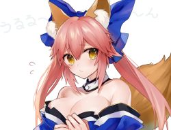 Rule 34 | 10s, 1girl, animal ear fluff, animal ears, bad id, bad twitter id, bare shoulders, blue bow, blue kimono, blush, bow, breasts, cleavage, commentary request, daimaou ruaeru, detached collar, fate/extra, fate (series), flying sweatdrops, fox ears, fox tail, hair between eyes, hair bow, highres, japanese clothes, kimono, long hair, looking at viewer, medium breasts, off shoulder, pink hair, sidelocks, simple background, solo, tail, tamamo (fate), tamamo no mae (fate/extra), translation request, twintails, upper body, white background, yellow eyes