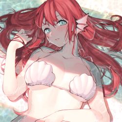 Rule 34 | 1girl, absurdres, bad id, bad pixiv id, beach, blue eyes, blush, breasts, daylightallure, fins, halterneck, hand in own hair, hand on own stomach, hand up, head fins, head tilt, highres, huge filesize, large breasts, lips, long hair, looking at viewer, lying, mermaid, monster girl, on back, original, outdoors, parted lips, partially submerged, red hair, shell, shell bikini, uni (melm)