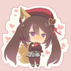 Rule 34 | 1girl, absurdres, animal ears, beret, blue eyes, blush, breasts, brown hair, caleen keemosn, chibi, chocolate, commission, embarrassed, female focus, fox ears, fox girl, fox tail, hair ribbon, hat, heart, highres, large breasts, long hair, looking at viewer, multiple tails, ribbon, rudobekia, runes, simple background, star ocean, star ocean anamnesis, tail, thick thighs, thighs, turtleneck, twintails, valentine, very long hair