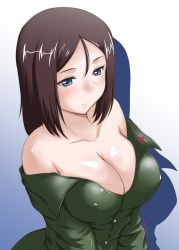 Rule 34 | 1girl, black hair, blue background, blue eyes, blush, breasts, cleavage, closed mouth, commentary, covered erect nipples, girls und panzer, gradient background, green jacket, half-closed eyes, insignia, jacket, large breasts, light blush, light smile, long hair, long sleeves, no shirt, nonna (girls und panzer), off shoulder, one-hour drawing challenge, pravda school uniform, school uniform, shadow, solo, swept bangs, yts takana
