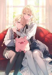 Rule 34 | 2girls, animal, black ribbon, black thighhighs, blonde hair, blue dress, buta no liver wa kanetsu shiro, ceres (buta no liver wa kanetsu shiro), closed mouth, couch, cover, cover page, curtains, day, dress, frilled dress, frills, head on another&#039;s shoulder, hug, jess (buta no liver wa kanetsu shiro), long sleeves, multiple girls, official art, on couch, open mouth, pig, ribbon, shirt, shorts, smile, thigh strap, thighhighs, thighs, toosaka asagi, white shirt, white thighhighs, window, yellow eyes
