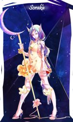 Rule 34 | 1girl, alternate costume, alternate hair color, alternate skin color, bare shoulders, breasts, character name, crescent, full body, high heels, highres, horns, league of legends, long hair, looking at viewer, pointy ears, ponytail, purple hair, sideboob, single horn, solo, soraka (league of legends), staff, tattoo, very long hair, xiao jian, yellow eyes