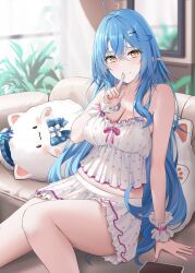 Rule 34 | 1girl, absurdres, ahoge, bare shoulders, blue hair, blush, braid, breasts, camisole, character hair ornament, cleavage, colored tips, couch, crossed bangs, elf, finger to mouth, frilled camisole, frills, hair between eyes, hair ornament, hairclip, heart, heart ahoge, highres, holofive, hololive, large breasts, long hair, long pointy ears, looking at viewer, multicolored hair, nepolabo, official alternate costume, official alternate hair length, official alternate hairstyle, on couch, pajamas, pillow, plant, pointy ears, polka dot, polka dot camisole, polka dot skirt, potted plant, sitting, skirt, sleepwear, smile, solo, strap slip, streaked hair, very long hair, virtual youtuber, wanne, white camisole, window, wrist cuffs, yellow eyes, yukihana lamy, yukihana lamy (loungewear)