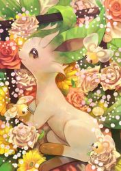 Rule 34 | brown eyes, closed mouth, commentary, creatures (company), cutiefly, flower, from above, game freak, gen 4 pokemon, gen 7 pokemon, highres, kikuyoshi (tracco), leafeon, looking to the side, nintendo, no humans, pokemon, pokemon (creature), smile, toes, yellow flower