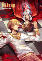 Rule 34 | 2boys, alcohol, bad id, bad pixiv id, blonde hair, blood, blue eyes, bracelet, brown hair, cup, cupping glass, drinking glass, facial hair, fate/zero, fate (series), formal, gilgamesh (fate), goatee, jewelry, male focus, multiple boys, necklace, official alternate costume, red eyes, spoilers, suit, tohsaka tokiomi, wine, wine glass, zerocastle
