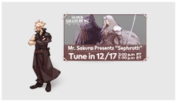Rule 34 | 1boy, black coat, blonde hair, cloud strife, coat, crossed arms, faceless, faceless male, final fantasy, final fantasy vii, grey background, high collar, highres, looking away, male focus, nin nakajima, nintendo, poster (object), sephiroth, simple background, single sleeve, solo, spiked hair, super smash bros.