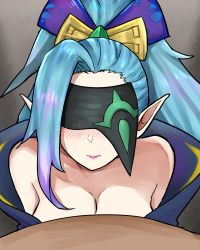 Rule 34 | 1boy, 1girl, absurdres, asymmetrical bangs, bare shoulders, black blindfold, blindfold, blush, bow, breasts, cleavage, collarbone, commentary request, facing viewer, from above, gradient background, green hair, grey background, hair bow, highres, league of legends, long hair, looking up, pointy ears, ponytail, pov, spirit blossom vayne, vayne (league of legends), wei miao
