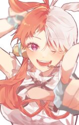 Rule 34 | 1girl, arm up, close-up, commentary request, headset, highres, looking at viewer, multicolored hair, neck ribbon, one eye closed, one piece, op 1156, open mouth, purple eyes, red hair, ribbon, shirt, simple background, sleeveless, sleeveless shirt, solo, two-tone hair, upper body, uta (one piece), white background, white hair, white shirt