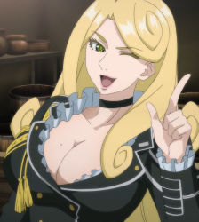 Rule 34 | 1girl, blonde hair, breasts, choker, cleavage, green eyes, highres, indoors, katsute kami datta kemonotachi e, large breasts, liza renecastle, long hair, looking at viewer, military, military uniform, mole, mole on breast, one eye closed, open mouth, screencap, smile, solo, standing, stitched, third-party edit, uniform, wink
