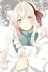 Rule 34 | 1girl, covering with blanket, dress, hair ribbon, kagerou project, kozakura marry, long hair, looking at viewer, pink eyes, prin dog, red eyes, ribbon, silver hair, smile, solo, tears, white background