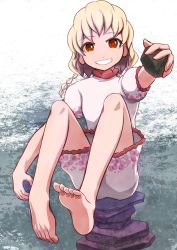 Rule 34 | 1girl, barefoot, blonde hair, braid, earlobes, ebisu eika, feet, full body, highres, holding, holding rock, long earlobes, looking at viewer, nakamura append, polka dot, puffy short sleeves, puffy sleeves, quad braids, red eyes, rock, short sleeves, sitting, smile, soles, solo, stack, toes, touhou, wily beast and weakest creature