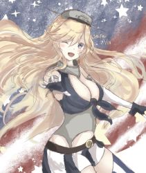 Rule 34 | 1girl, american flag, american flag legwear, asymmetrical legwear, bad id, bad twitter id, blonde hair, blue eyes, breasts, commentary request, elbow gloves, fingerless gloves, flag print, front-tie top, garter straps, gloves, hair between eyes, headgear, highres, iowa (kancolle), kantai collection, large breasts, long hair, miniskirt, mismatched legwear, one-hour drawing challenge, sa-ya2, skirt, solo, star-shaped pupils, star (symbol), striped clothes, striped thighhighs, symbol-shaped pupils, thighhighs, vertical-striped clothes, vertical-striped thighhighs, very long hair