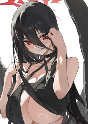 1girl bikini bikini_top_lift black_bikini black_hair black_wings blue_archive blush breasts cleavage closed_mouth clothes_lift commentary feathered_wings hair_between_eyes halo halterneck hasumi_(blue_archive) highres large_breasts long_hair long_hair_between_eyes looking_at_viewer low_wings mole mole_under_eye muso red_eyes red_halo simple_background solo sweat swimsuit underboob white_background wings